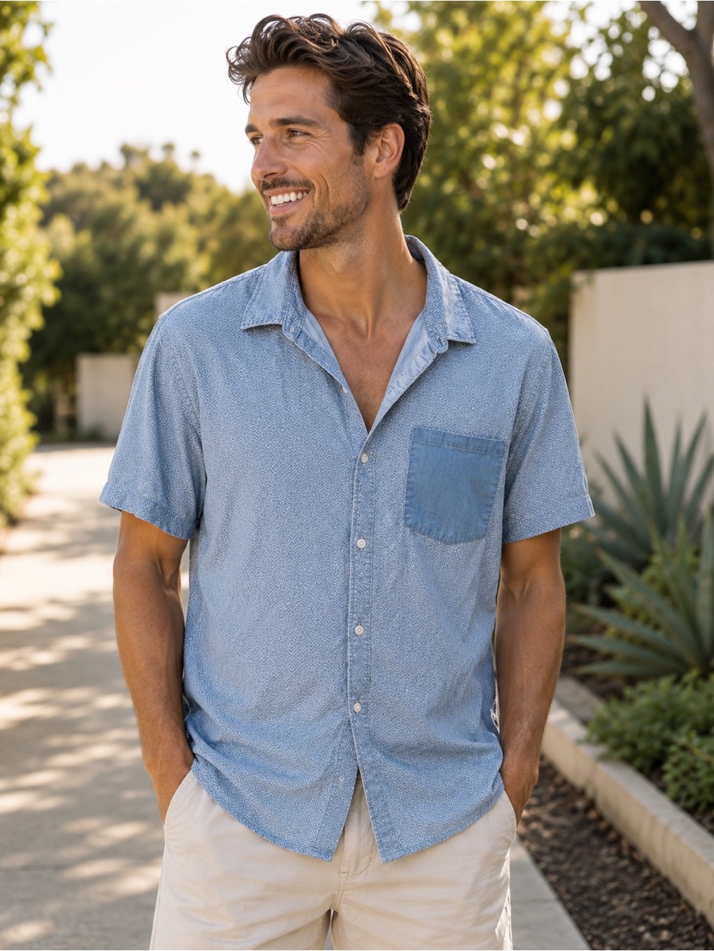 Western Cowboy Aztec Casual Short-Sleeve Button-Down Shirt in Light Blue